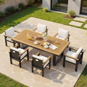 Rectangle Teak Wood Aluminum Outdoor Patio Dining Table for 6 8 Persons Modern Yard Patio Furniture