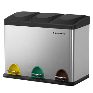 Rectangular 45-Litre Metal Rubbish Bin 3 Compartments Stainless Steel Recycling Trash Garbage Can Waste Bin