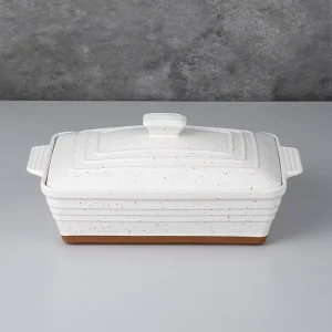 Rectangular Ceramic Baking Pan with Lid and Sesame Spot Design