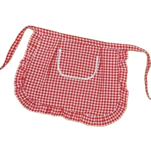 Red Checkered Polyester Cotton Womens Waist Pocket Half Bistro Kitchen Cooking Apron with Pocket and Ruffled Edge