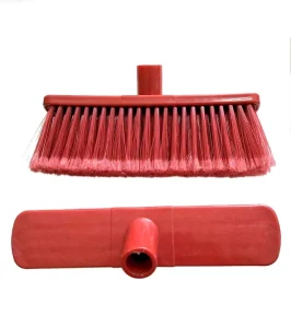 Red Eco Friendly Plastic Broom with Wooden Handle and Soft Bristles for Home Use