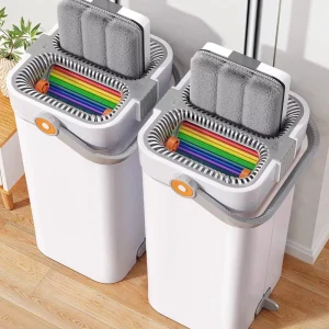 Replaceable 2 Mopheads Hand Free Microfiber Flat Mop 12L Stainless Steel Cleaning Floor 360 Magic Squeeze Mop Bucket Set