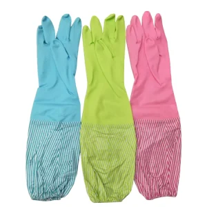Reusable Waterproof Anti Slip Daily Household Work Kitchen Dishwashing Wet Cleaning Latex Gloves with Striped Long Sleeve Design