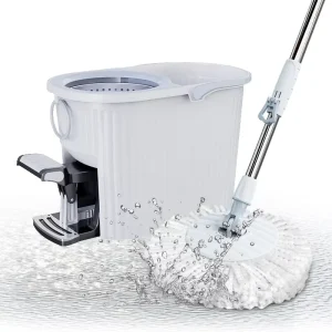 Ribbed Foot Pedal Spin Mop and Bucket Set with Stainless Steel Wringer 360 Rotating Floor Cleaning System for Hardwood Tile