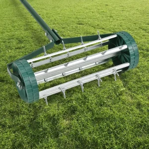 Rolling Lawn Spike Aerator Heavy Duty Metal Rolling Aerator Hand Push Core Aeration Tool for Compacted Yard Garden Soil