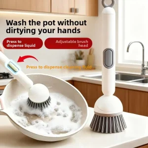 Rotatable Long-Handle Pot Scrubber with Built-In Dish Soap Dispenser