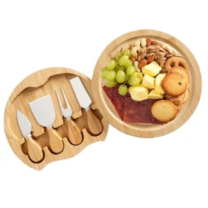 Round Cheese Board and 4-Knife Set with Stainless Steel Blades