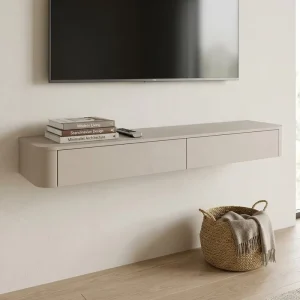 Rounded Edge Wall Mounted Cashmere Tv Lowboard Media Console Wooden Hanging Floating TV Stand Cabinet