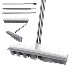 Rubber Broom with Squeegee for Carpet Pet Hair Remover Long Handle Fur Remover Rake Portable Detailing Lint Brush