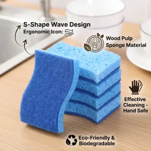 S Shape Kitchen Scrub Sponge Dual Sided Heavy Duty Scouring Pad Ergonomic Wave Design Dishwashing Sponge