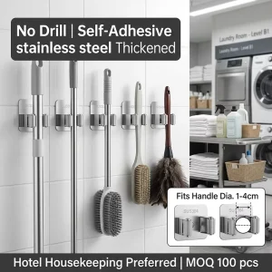 SUS304 No Drill Self Adhesive Mop Clip Broom Holder No Drill Wall Clip with Hook Fits Hotel Bathroom Broom Umbrella Rod Holder