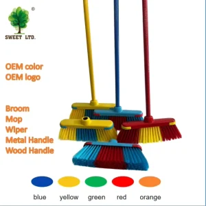 SWEET Household Cleaning Durable Plastic Bristle Broom with Wooden Long Handle and Stick Brush for Everyday Use