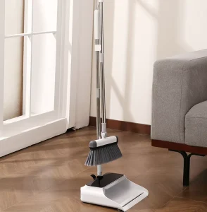 Self Cleaning Broom and Dustpan Set with 180° Rotating Head 4 Section Spliced Stainless Steel Handle for Home Office