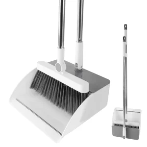 Self-Cleaning Broom and Dustpan Set with Teeth, Long Handle, Stainless Steel, Upright Storage
