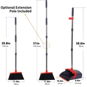 Self Cleaning Teeth Metal Dustpan Broom Combo Set Long Handle with Soft Bristle Head for Home Use Aluminum Stick
