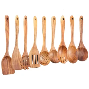 Set of 9 Teak Wood Kitchen Utensils for Cooking