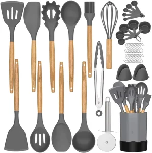 Silicone Cooking Utensil Set with Wooden Handles for Nonstick Cookware