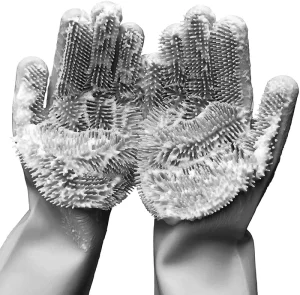 Silicone Dish Washing Gloves Heat Resistant Pet Grooming Gloves Heat-proof Household Scrubber Gloves with Scrubber