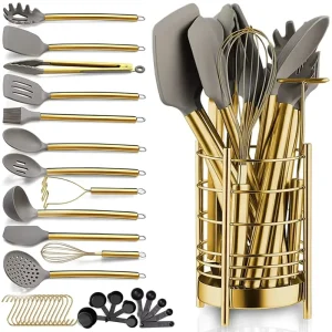 Silicone Spatula and Cooking Utensil Set with Stainless Steel Gold Titanium Handles