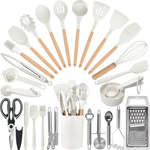 Silicone Spatula and Cooking Utensil Set with Wooden Handles