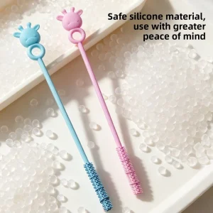 Silicone Suction Tube Cleaning Brush Stainless Steel Handle Cartoon Fawn Design Hanging Ring High Temperature Resistant Food
