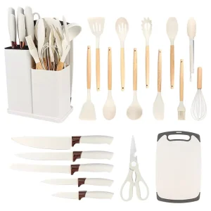 Silicone Sustainable Kitchen Utensil Set with Wooden Handle Custom Color Storage Holder Cutting Board & Scissors Cooking Kit