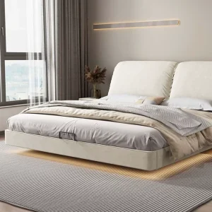 Simple Modern Soft Bed King Size White Leather Low Profile Double Adjustable Solid Wood Upholstery Panel Light Luxurious Home
