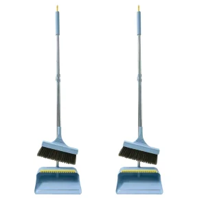 Sky Blue Stainless Steel Broom And Dustpan Set Hair Free Sweeping Large Capacity Dustpan Lightweight Home Cleaning