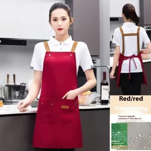 Sleeved Commercial Bib Apron Waterproof Cotton Tooling Fabric for Kitchen Catering Cafe with Increased Straps for Processing