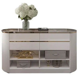 Small Cloakroom Island Cabinet Open Storage Cabinet for Bags with Marble Countertop and Drawers