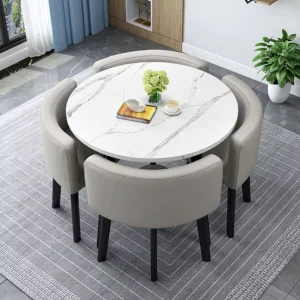 Small Round Marble Wooden Dining Table Set with 4 Chairs