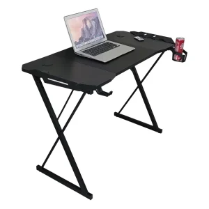 Smart Gaming Desk with LED Atmosphere Lighting, Metal Frame, and Black Wood Surface