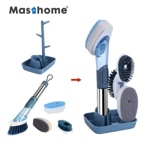 Smart Kitchen Cleaner 3 Replaceable Cleaning Head Soap Dispensing Sponge PP Tpr Bristle Dish Washing Brush With Handle