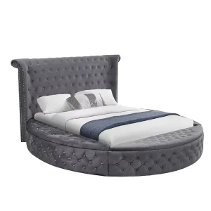 Soft Grey Velvet Upholstered Circle Bed Luxury Design Bedroom Furniture California King Size Bed Frame With Storage