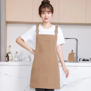Solid Color Adjustable Bib Apron with Multi Pockets Waterproof Commercial Kitchen Work Apron for Women Men