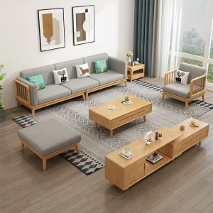 Solid Wood Fabric Sofa Set Japanese Minimalist Living Room Couch Tea Table TV Stand Combination Furniture
