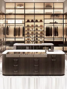 Solid Wood Walk-in Closet Island Cabinet with Glass Display, Drawers, and Kitchen Island Design