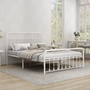 Solid and Stable Modern King Size Iron Bed Frame with Wooden Elements Portable & Space Saving for Furniture