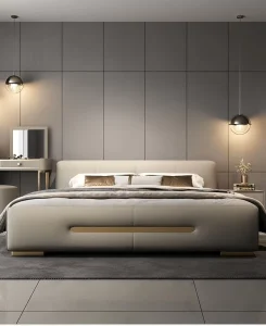 Source Factory Genuine Leather Luxury Bed Bedroom Italian Minimalist Modern Soft Upholstered Headboard Stylish Bed Customizable