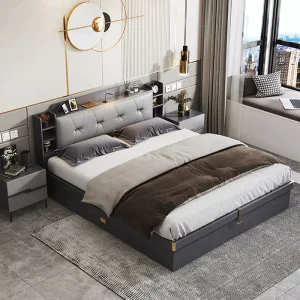 Space Saving Modern Wooden Bedroom Furniture Bed Frame Storage Headboard King Size Bed