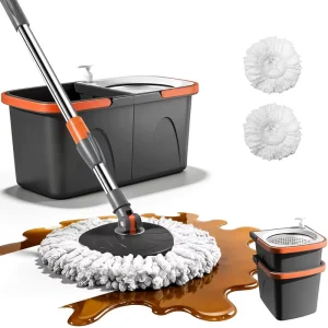Spin Mop Bucket Set with Stainless Steel Spin Basket and Detachable Bucket Body for Floor Cleaning