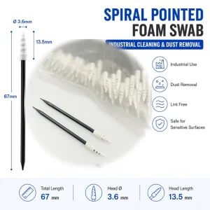 Spiral Pointed Foam Swab Industrial Cleaning Stick Black PP Handle Lint Free Dust Removal Swab 67mm 100PCS Pack