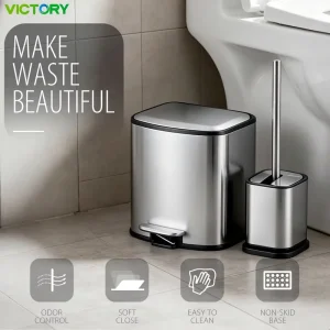 Stainless Steel Bathroom Bin and Toilet Brush Combo, 6L, Quiet-Close Pedal, Odor Filter
