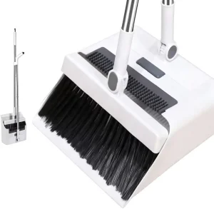Stainless Steel Broom & Dustpan Combo Set Long Handle Self Cleaning with 4 Row Dense Bristles Indoor Use (White)