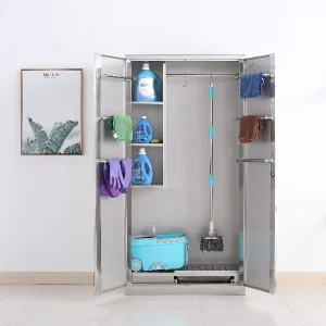 Stainless Steel Cleaning Supplies Storage Cabinet with Broom Tool Organizer for Home and Commercial Use