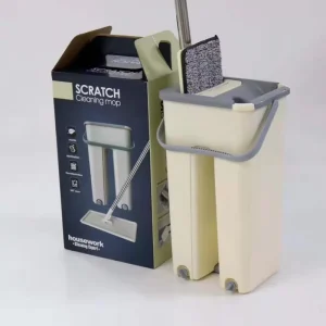 Stainless Steel Handle Microfiber Pad Easy Squeeze Wet Dry Floor Cleaner Compact Hands Free Self Wringing Flat Mop Bucket Set