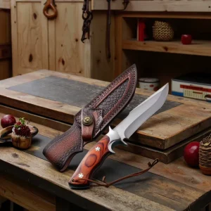 Stainless Steel Hunting and Camping Knife with Wood Handle, 9.8cm Blade, 58-60 HRC