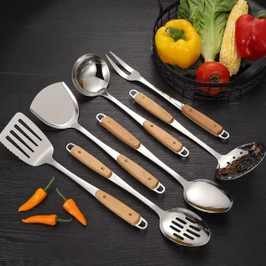 Stainless Steel Kitchen Utensil Set with Wood Handles