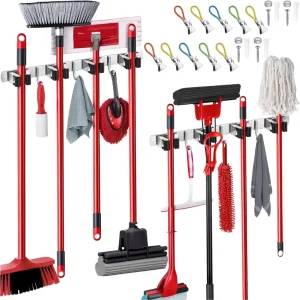 Stainless Steel Mop and Broom Hanger with Hooks Heavy Duty Broom and Mop Organizer Wall Hanging for Bathroom