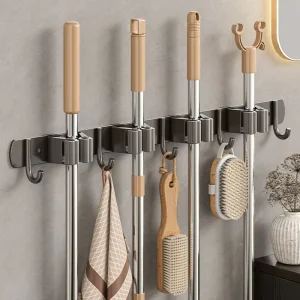 Stainless Steel Mop and Broom Tool Holder Organizer Wall Mount with Hooks Bathroom and Mop Holder Multifunctional Holder